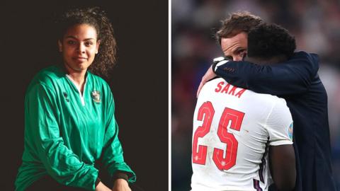 A black woman sits on stage dressed in a Port Vale goalkeeping kit (left). Footballer Bukayo Saka is hugged by manager Gareth Southgate at the last Euros (right)