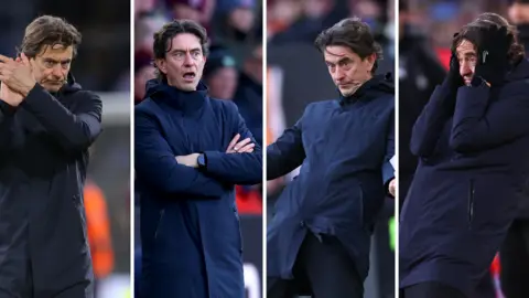 A split image showing four pictures of Thomas Frank reacting during Tottenham's Premier League game at Burnley
