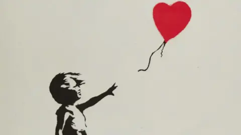 Press Association Banksy's Balloon Girl print. Pattern of a girl releasing a red heart-shaped balloon.