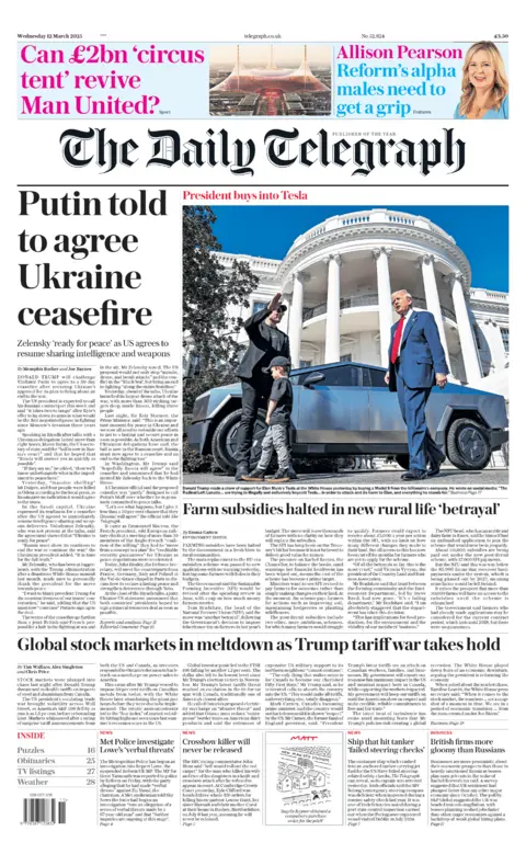 Judul di bagian depan Daily Telegraph berbunyi: Putin disuruh menyetujui gencatan senjata Ukraina