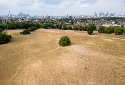 Getty Images In this aerial view, dried grass is seen on Peckham Common on July 23, 2026 in London, United Kingdom.