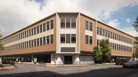 DBG Group An artists impression of a large brick building with long rows of windows and trees outside. 