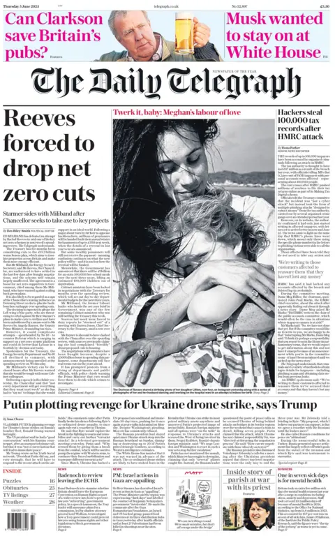 "Reeves forced to drop net zero cuts" reads the headline on the front page of The Daily Telegraph.