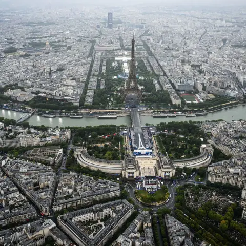 Pool/AFP A photograph taken from an helicopter on July 26, 2024 shows an aerial view of Eiffel Tower (C) in front of the Trocadero during the opening ceremony of the Paris 2024 Olympic Games in Paris