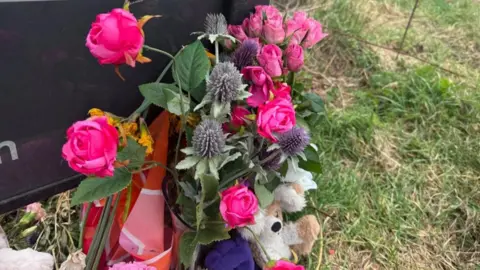 A memorial, including a large number of flowers, and a teddy bear, by a road sign. There is green grass to the right and part of a metal fence. The flowers are pink roses with purple thistles. 