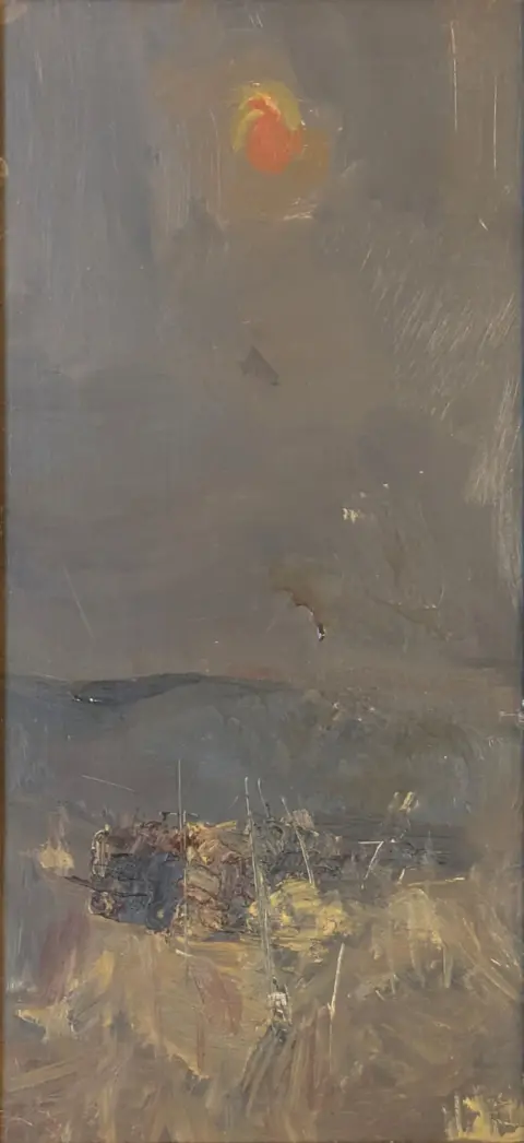 The estate of Joan Eardley courtesy of The Scottish Gallery Muted, atmospheric landscape painting with a hazy grey sky and a glowing red-yellow sun near the top. Loose, expressive brushstrokes suggest a low horizon with rough grasses or scrub in the foreground and distant land fading into mist.