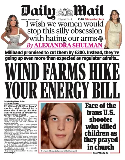 The headline on the front page of the Daily Mail reads: "Wind farms hike your energy bill".