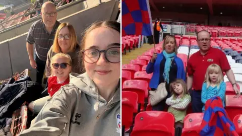 Supplied Two family photos of the same family. In one image the children are young adults, in the other they are young girls. They are joined by mum and dad, smiling at the camera.