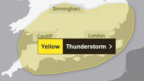 Image from Met Office weather warning website showing the area affected by a thunderstorm warning across England and Wales. The area covered - spreading from England's south coast up to Midlands and including sections of South Wales - is coloured yellow.