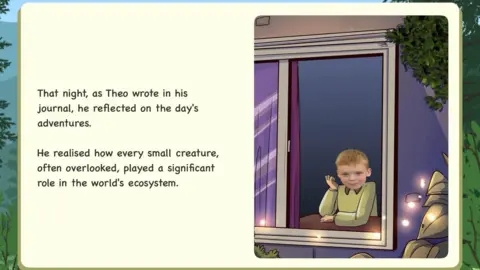Lapp ed tech A screenshot of the app and Theo is looking out of a cartoon window, wearing a shirt and jumper.