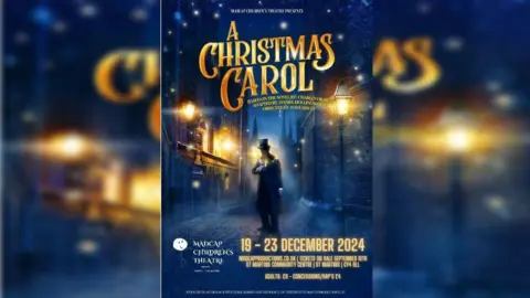 Madcap Theatre Production poster with illustration showing Charles Dickens character Scrooge, and the title of the show, along with theatre name and dates 