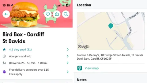 A screenshot of 'Bird Box Cardiff St Davids' from Deliveroo. It is a banner poster for a chicken restaurant with a picture of a fried chicken burger topped with cheese and sitting on gherkins and lettuce. The backdrop is pink with a stylised green cartoon chicken. Underneath are sub menus for allergens and delivery times. On the right of the picture is another screenshot - it is a Google Map showing the address of the restaurant to be Frankie and Benny's 18 Bridge Street Arcade, St. Davids Dewi Sant, Cardiff, CF10 2EF