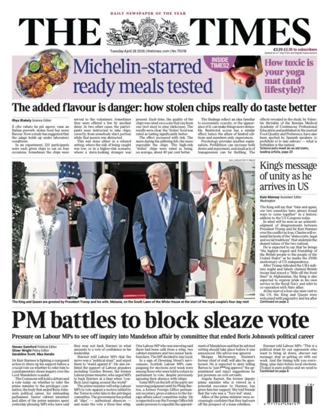 The headline on the front page of the Times reads: "PM battles to block sleaze vote."