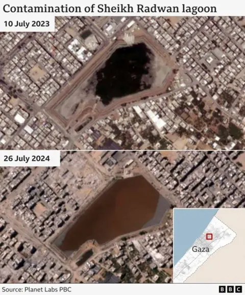 Citra satelit komposit yang menunjukkan pencemaran laguna Sheikh Radwan di Kota Gaza pada 10 Juli dan 26 Juli 2024