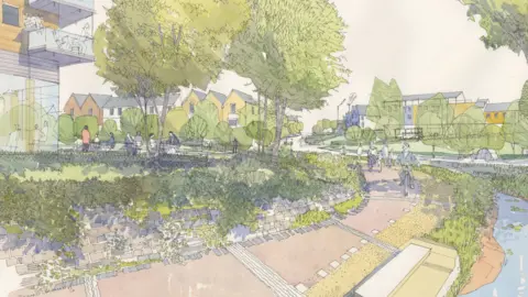 A sketch of houses, with trees, a path and a stream with bushes and hedgerows.