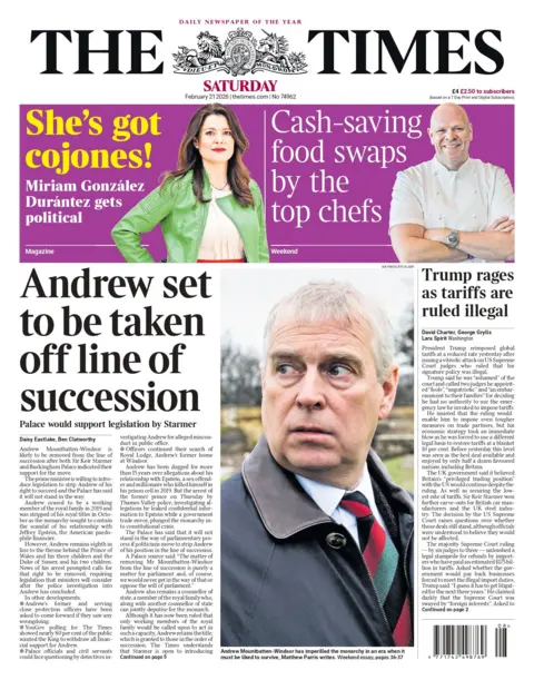 "Andrew set to be taken off line of succession," reads the headline on the front page of the Times.