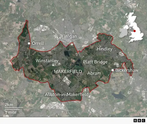 A graphic showing Makerfield and the key towns and villages within it.