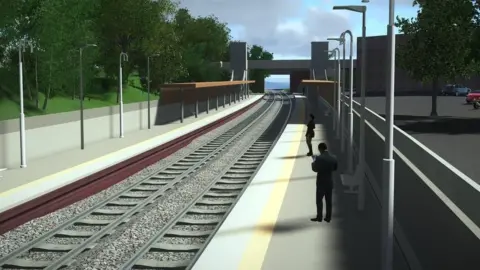 West Midlands Rail Executive An artist's impression of a railway line and platform. There are two people standing on the platform on the right side of the line.