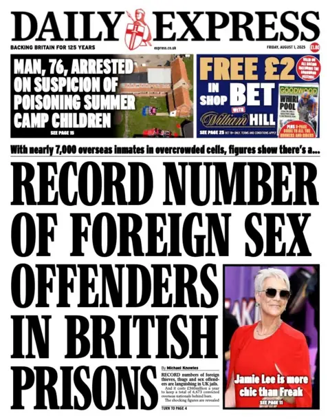 The headline on the front page of the Daily Express reads: "Record number of foreign sex offenders in British prisons".