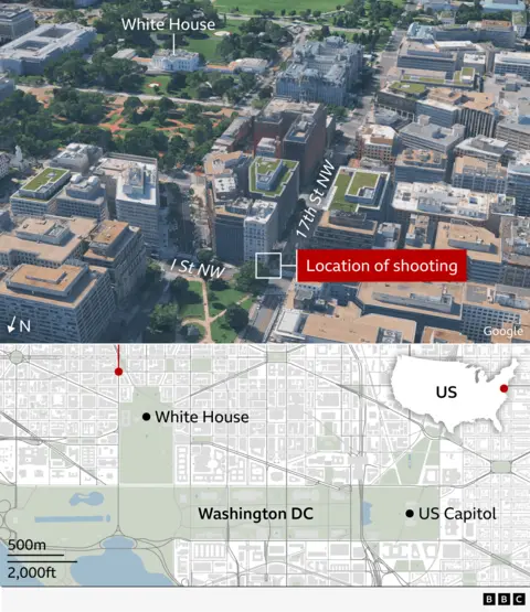 A map and annotated aerial image showing the location of Wednesday's shooting on the corner of 17th St NW and I ST NW in Washington DC. The location of the White House nearby is also marked