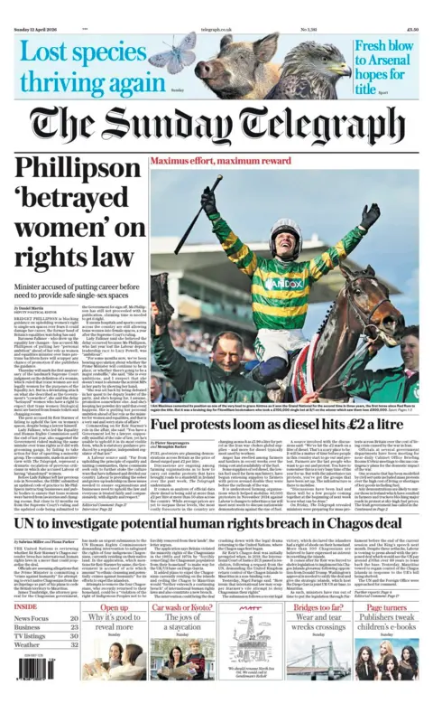 The headline on the front page of the Sunday Telegraph reads: "Phillipson 'betrayed women' on rights law."