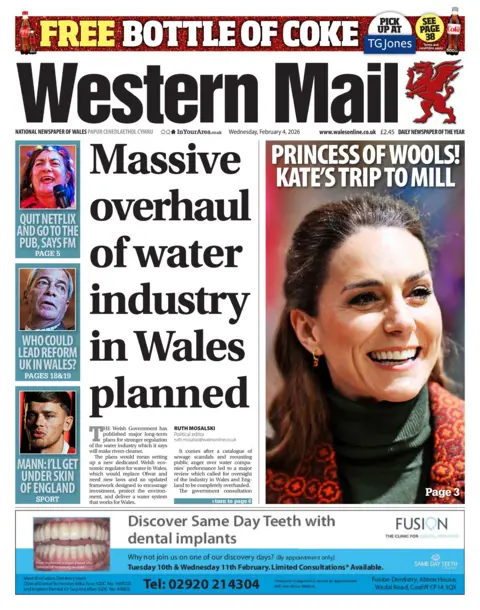 Western Mail Western Mail front page. The headline reads 'massive overhaul of water industry in Wales planned'. Other headlines include: Princess of wools! Kate's trip to Mills, and 'Quit Netflix and go to the pub, says FM'. 