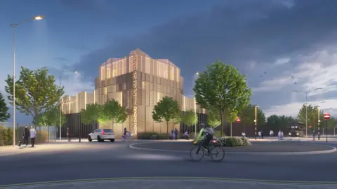 A computer generated image of some high rise buildings as part of the Hengrove Park development. The building is situated in front of a roundabout, with a cyclist and car on the road and pedestrians walking on the pavement.