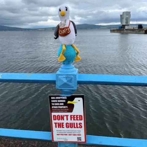 Hilary Aitken A knitted seagull figure holding a bag labelled “CHIPS” is perched on a blue waterfront railing above a sign reading “DON’T FEED THE GULLS.” The scene overlooks a wide estuary with hills and a cloudy sky in the background.