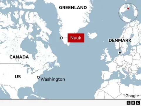 Map showing the location of Greenland in relation to Canada, the United States and Denmark, with Nuuk highlighted as the capital of Greenland. An inset globe marks Greenland's position in the Arctic region.