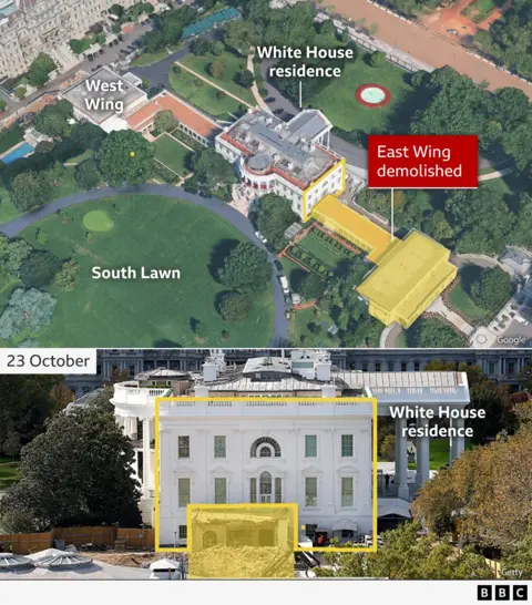 Two annotated images of the White House complex. The top aerial view labels the West Wing, South Lawn, White House residence, and an area marked ‘East Wing demolished.’ The bottom image, dated 23 October, shows the White House residence from the front with the former East Wing area highlighted