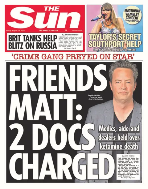 The headline in the Sun reads: "Friends Matt: 2 docs charged". 