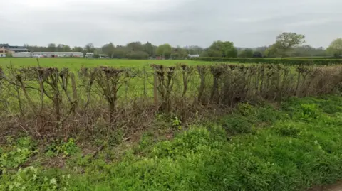 Google Fields and hedges south east of Newent, with buildings in the distance. 