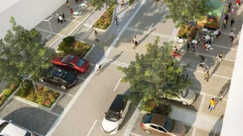 Ryder Architecture/RCBC Aerial view showing cars and computer generated people superimposed on to a cobbled street