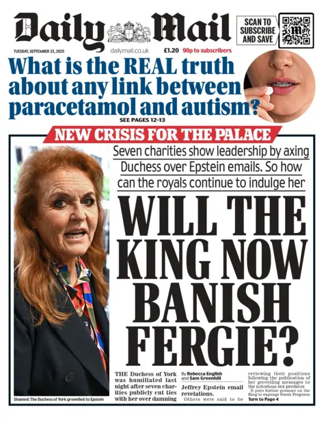 "Will the King banish Fergie?" reads the headline on the front page of the Daily Mail.
