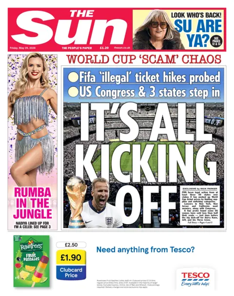 "It's all kicking off" reads the headline on the front page of the Sun.