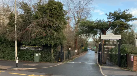 BBC The entrance to the school - short lane with hedges and trees alongside, no buildings visible