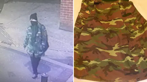 Eastern Region Special Operations Unit A CCTV image shows a woman wearing a face covering, woolly hat and camouflage jacket walking on a street in Norwich and on the right, a photo used as police evidence shows a picture of a camouflaged jacket 