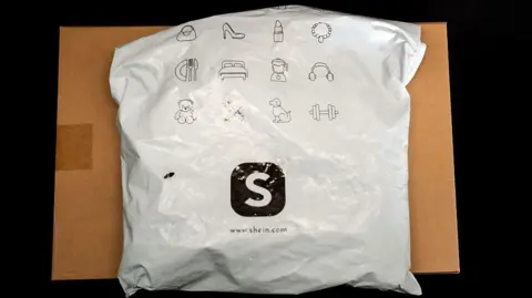 A package from Shein, which is sitting on top of a cardboard box. The package is made of white plastic with black printing. the Shein S logo is prominent in the middle of the the parcel.