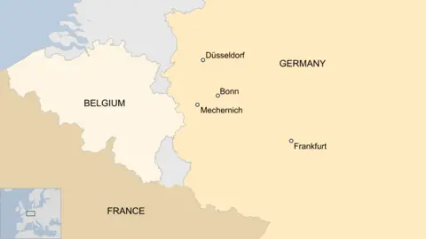 Un mapa que muestra la ubicación de Mechernich, Bonn, Düsseldorf y Frankfurt en Alemania, así como en los países vecinos de Francia y Bélgica.