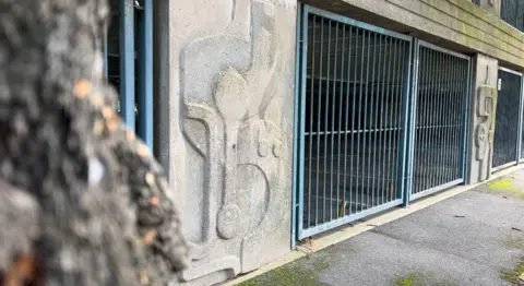 A close-up of one of the artworks on the concrete wall of the Abbey Road car park in Grimsby. Blue steel bars block entranceways.