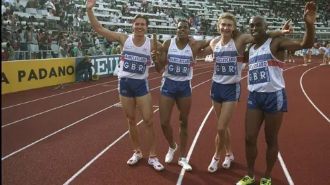 Getty Images Roger Black, Du'aine Ladejo, Brian Whittle and David McKenzie won the 4 x 400 metres relay at the European Championships at the Olympic Stadium in Helsinki in 1994