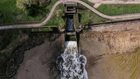 Aerial view of a sewage treatment works. 