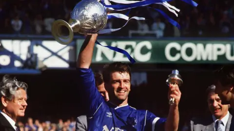 Kevin Ratcliffe lifts the First Division trophy at Goodison Park in 1987 