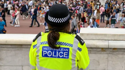 A female police officer with her back to the camera, wearing a fluorescent jackets with Metropolitan Police written on it, looks out over a crowd of people. 