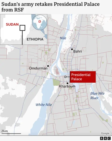 Map showing the location of the presidential palace in Khartoum.