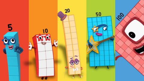 The Numberblocks animated characters, made up of counting squares and each with a number next to their head