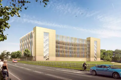 Queen Elizabeth Hospital An artist's impression of the new muti-storey car park showing a four storey high building with a lift block. It has a multi coloured cladding.