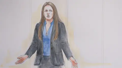 Helen Tipper A courtroom sketch showing Letby, with long, just  hair, wearing a acheronian  suit   and a bluish  top, with her palms outstretched and a pleading look   connected  her face