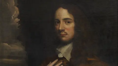 Godfrey Kneller/Trinity College, Cambridge A painting of the face of Andrew Marvell. His face is visible, but the rest of the painting is quite dark. He appears to have a long curly dark wig and possibly standing in front of dark foliage. Clouds are visible at the left hand side,