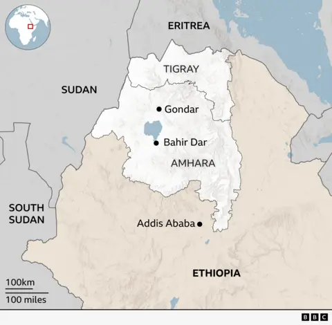 Map showing the location of Amhara in north-west Ethiopia. The Tigray region is to the north of Amhara. Ethiopia's neighbours, Eritrea (to the north), Sudan and South Sudan (to the west) are also shown.